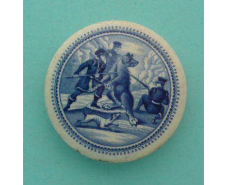 A good lid printed in blue with a scene depicting three hunters and a dog attacking a standing bear, 60mm(Staffordshire, pott