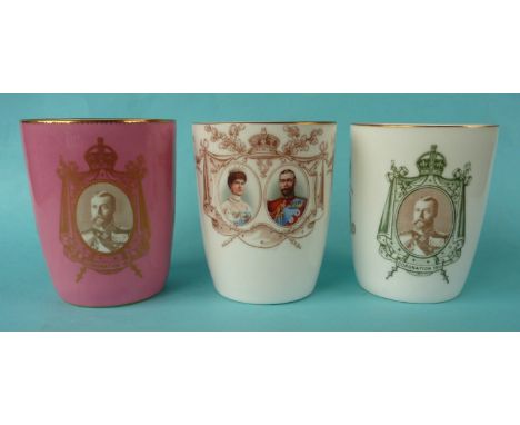 1911 Coronation: a pink ground Doulton Burslem curved sided porcelain beaker with sepia portrait within a gilt curtained cart