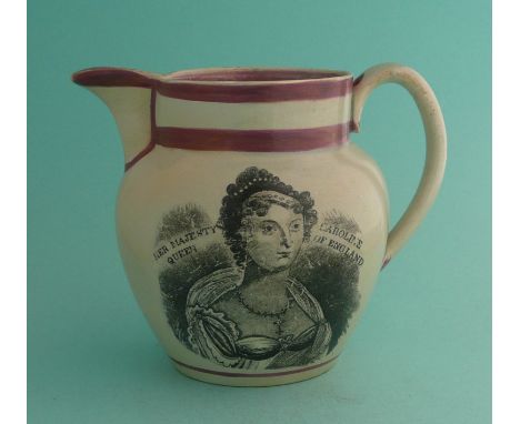1820 Queen Caroline: a pink lustre banded jug printed in black with a named portrait and on the reverse a scene of her landin