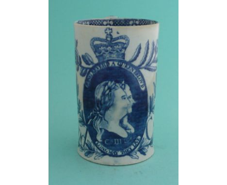George III: a slender pearlware mug printed in blue with an inscribed superimposed profiles oval, circa 1793, rim restored(co