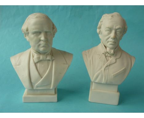 A white parian portrait bust of Lord Derby, 163mm and another Disraeli, both circa 1890 (2)(commemorative, pottery, political