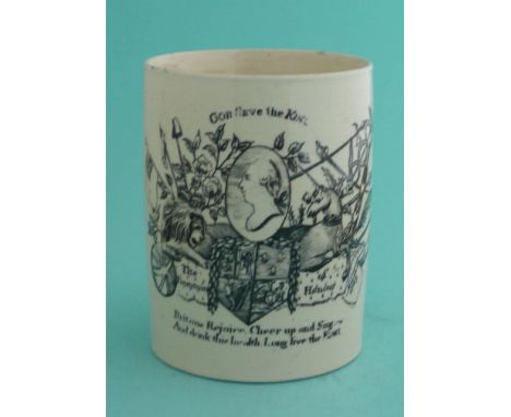 1789 George III Recovery from Ill Health: a good cylindrical creamware mug printed in black with a head in profile surrounded