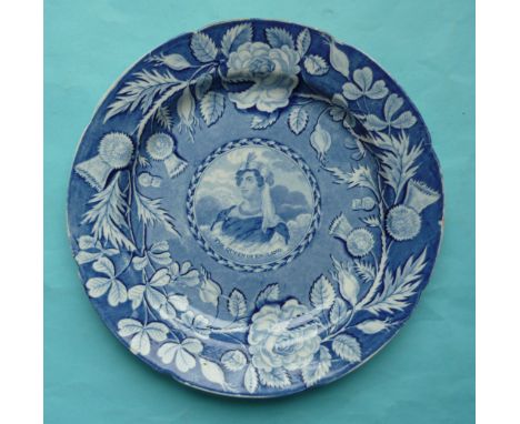 Queen Caroline: a pearlware plate printed all over in blue with a central named portrait medallion, circa 1820, 255mm, tiny g