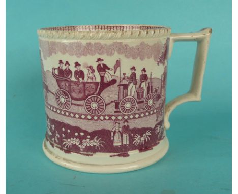 An unusual cylindrical mug well printed in pink with a locomotive and carriages and on the reverse a large pottery a large po