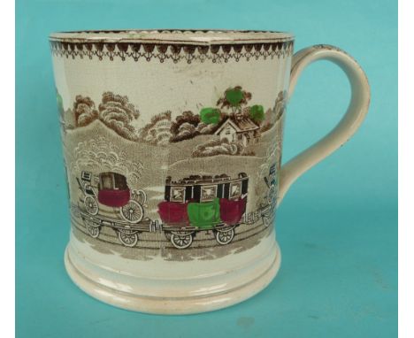 A large brown printed cylindrical pottery mug by Hampson &amp; Broadhurst printed in brown and decorated in colours with Expr
