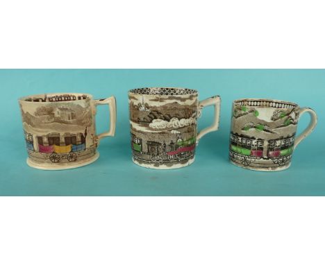 A brown printed cylindrical pottery mug with colour decoration by Elijah Jones depicting Fury, with printed mark, circa 1840,