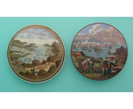 Sebastopol (208) and (209) both large (2)(Staffordshire, pottery, pot lid, potlid, prattware, advertising).