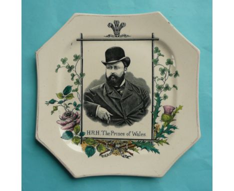 Albert Edward Prince of Wales: an octagonal pottery plate printed in black and decorated in colours with a named bowler hatte