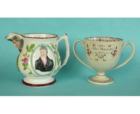 A satyr head porcelain jug well modelled with colourful named portraits of Brougham and Denman, circa 1820, 140mm spout resto