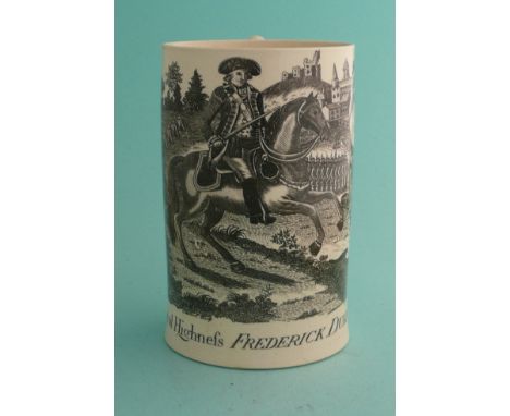 Duke of York at Valenciennes: a slender creamware mug printed in black with a named equestrian study depicted amongst soldier