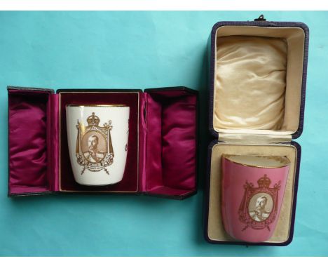 1911 Coronation: a pink ground Doulton Burslem porcelain curved sided beaker and another beaker with sepia portrait within a 