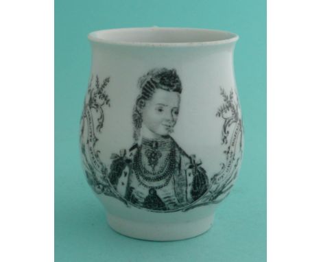 Queen Charlotte: a particularly rare Worcester baluster shaped mug of small size printed en-grisaille with a most unusual hal