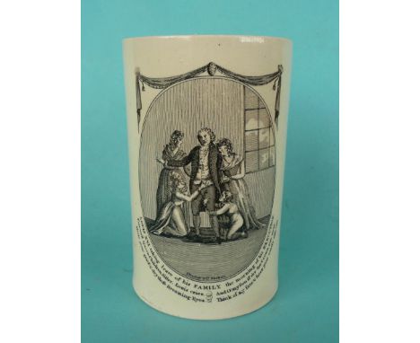 1793 Louis XVI: a creamware mug by Thomas Fletcher if Shelton, well printed in black with an oval panel inscribed beneath, 13
