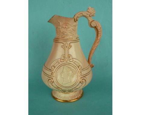 1887 Jubilee: a fine quality Royal Worcester ewer, the elaborately moulded body with gilt decoration, 255mm, tiny chip to one