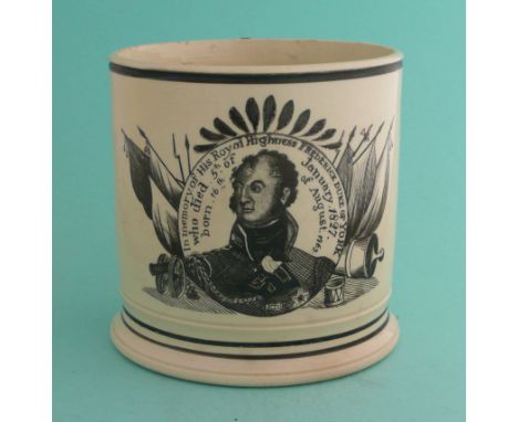 1827 Duke of York in Memoriam: a rare creamware mug well printed in black with a named and dated portrait medallion, 117mm(co