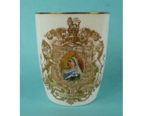 1897 Jubilee: a Doulton Burslem porcelain curved sided beaker with colour portrait centring a gilt armorial(commemorative, po