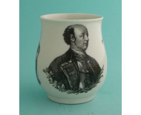 Marquis of Granby: a good Worcester baluster shaped mug printed in black with a portrait flanked by the figures of Britannia 