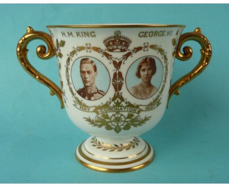 1937 Coronation: a Royal Crown Derby squat loving cup with sepia portraits, well decorated in gilt, 115mm(commemorative, pott