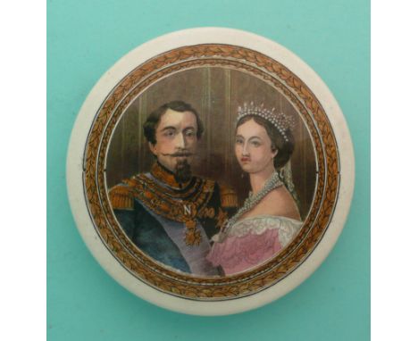 Napoleon III and Eugenie (156)(Staffordshire, pottery, pot lid, potlid, prattware, advertising).