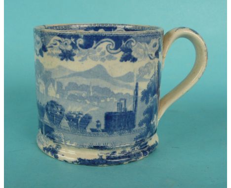 A most unusual cylindrical pottery mug printed in blue with an early locomotive pulling a rake of coal wagons in a country se