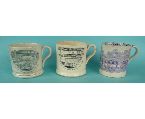 A green printed cylindrical pottery mug depicting the bridge is Newcastle and Sunderland, circa 1860, 98mm. another similar p