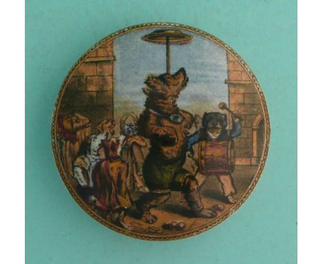 The Performing Bear (12) a well printed lid of good colour, the flange with restored chip, with base(Staffordshire, pottery, 