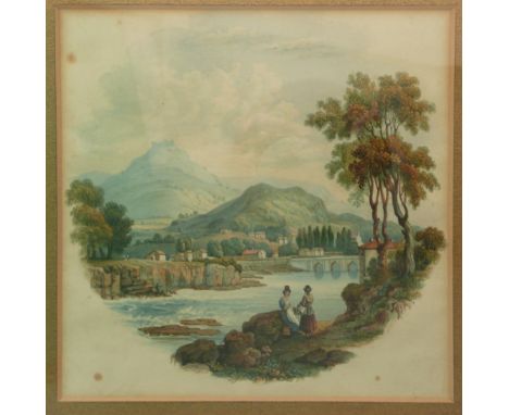 A pair of original watercolour designs by Jesse Austin for Landscape and River Scene (416) the reverse with a typed label sta