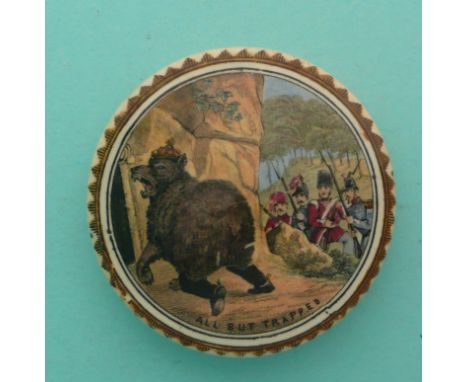 All But Trapped (20) restored chip(Staffordshire, pottery, pot lid, potlid, prattware, advertising).