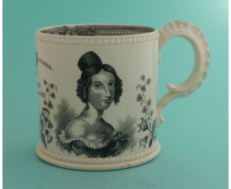 1837 Proclamation: a pearlware cylindrical mug well printed in black with portraits centred by inscription and dates, chip to