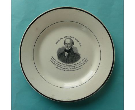 22nd December 1832 George Kinloch: a creamware plate printed in black with an inscribed portrait, 215mm(commemorative, potter
