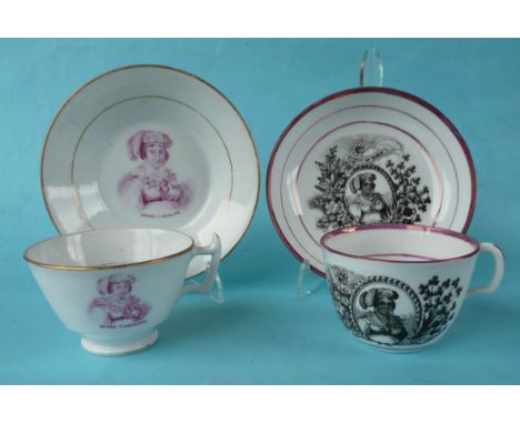 1820 Queen Caroline: a pink lustre banded porcelain cup and saucer with named portrait inscribed ‘Protect my Mother’ and anot