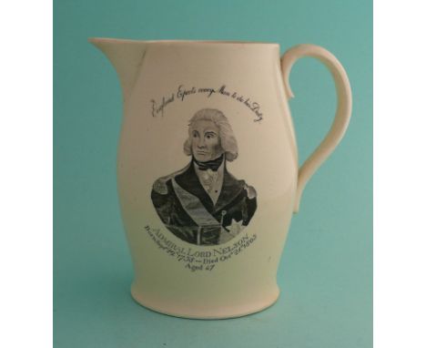 1805 Nelson in Memoriam: a creamware jug printed in black with an inscribed portrait and on the reverse the battle plan, 145m