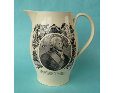 1797 Earl St Vincent: a creamware jug printed in black with a named portrait oval within a border of battle orders, on the re