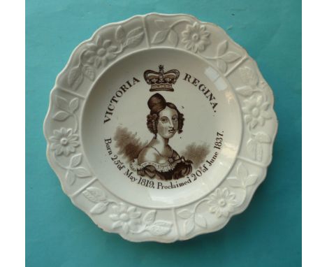 1837 Proclamation: a Staffordshire pottery nursery plate with floral moulded border, printed in brown with a named and dated 