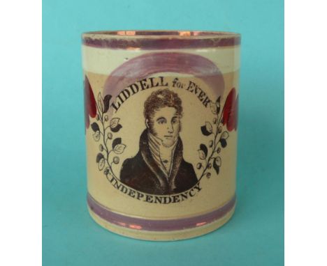Henry Liddell and the 1826 Alnwick Election: a pink lustre banded mug printed in brown and decorated in rouge-de-fer, 107mm, 