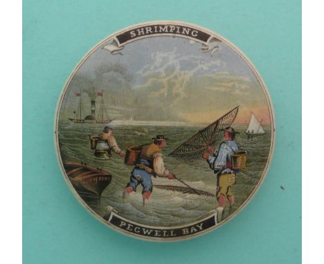 Pegwell Bay Shrimping (33) flat top, slightly stained(Staffordshire, pottery, pot lid, potlid, prattware, advertising).