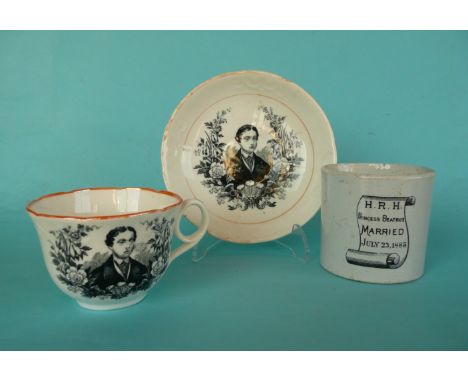 A cup and saucer printed in black with portraits of Prince and Princess of Wales, circa 1863 and a rare mug printed in black 