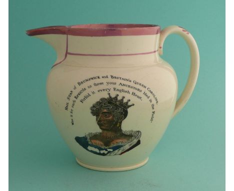 1820 Queen Caroline: a good pink lustre banded jug printed in black and decorated in colours with an inscribed portrait and o