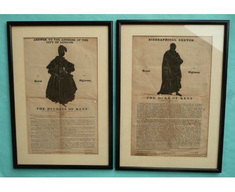 Duke and Duchess of Kent: a framed pair of penny sheet printed in black on paper, one being ‘Answer to the Address of City of