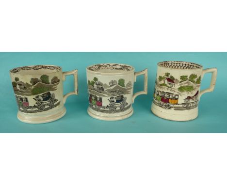 A brown printed cylindrical pottery mug with colour decoration depicting an unnamed locomotive, circa 1840, 102mm and two oth