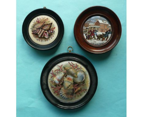 Shells (52D) Shells (52J) and Alas, Poor Buin (1) hairline crack, each framed (3)(Staffordshire, pottery, pot lid, potlid, pr