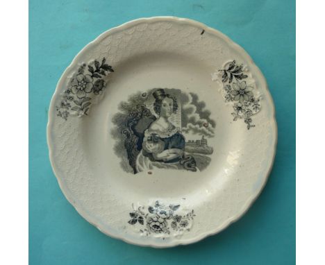 1837/38 Victoria: a good pearlware nursery plate printed in black with a seated portrait within a moulded and floral cartouch