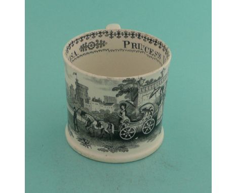 1841 Christening: a small pottery mug printed in black with a scene at Windsor, the interior inscribed with name, 68mm, crack