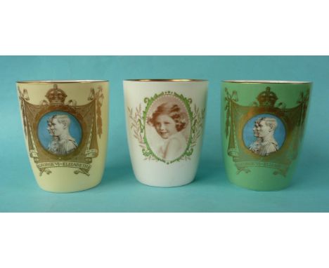 1937 Coronation: a green ground curved sided Royal Doulton porcelain beaker, another ivory ground and a porcelain beaker with