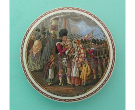 Embarking for the East (206) large, chain border(Staffordshire, pottery, pot lid, potlid, prattware, advertising).