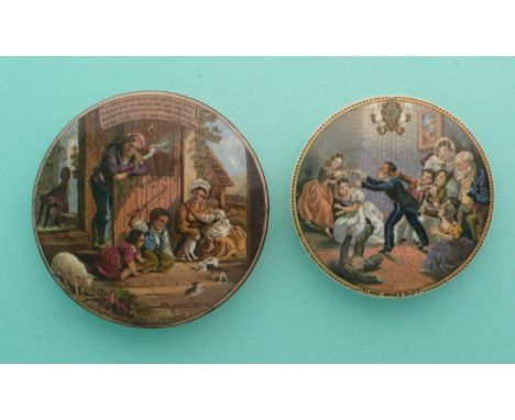 Our Home (241) restored and Blind Mans Buff (246) cracked (2)(Staffordshire, pottery, pot lid, potlid, prattware, advertising