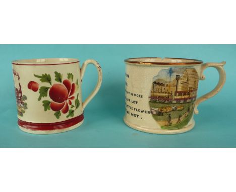 A rare creamware mug, possibly Scottish, printed with a scene entitled ‘Steam Wagon’ flanked by flowers and foliage, circa 18