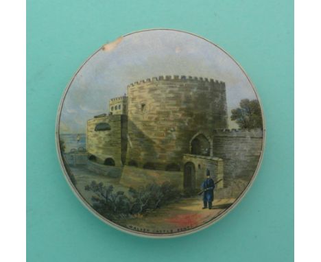 Walmer Castle with Sentry (46) the reverse with Tatnell stamp, rim chip at eleven o’clock(Staffordshire, pottery, pot lid, po
