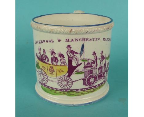 A good cylindrical mug lined in blue, printed in pink and decorated in colours with a locomotive named ‘Adelaide’ inscribed L