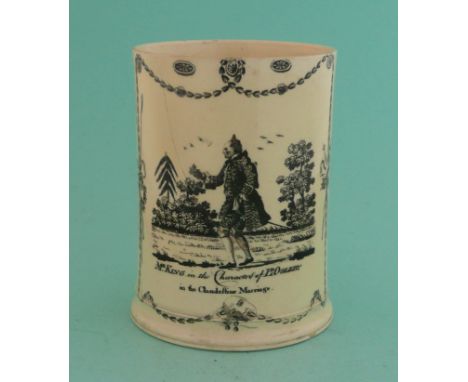 A rare creamware tankard with moulded foot printed in black with a scene entitled ‘Mr King in the character of Ld Ogleby in t